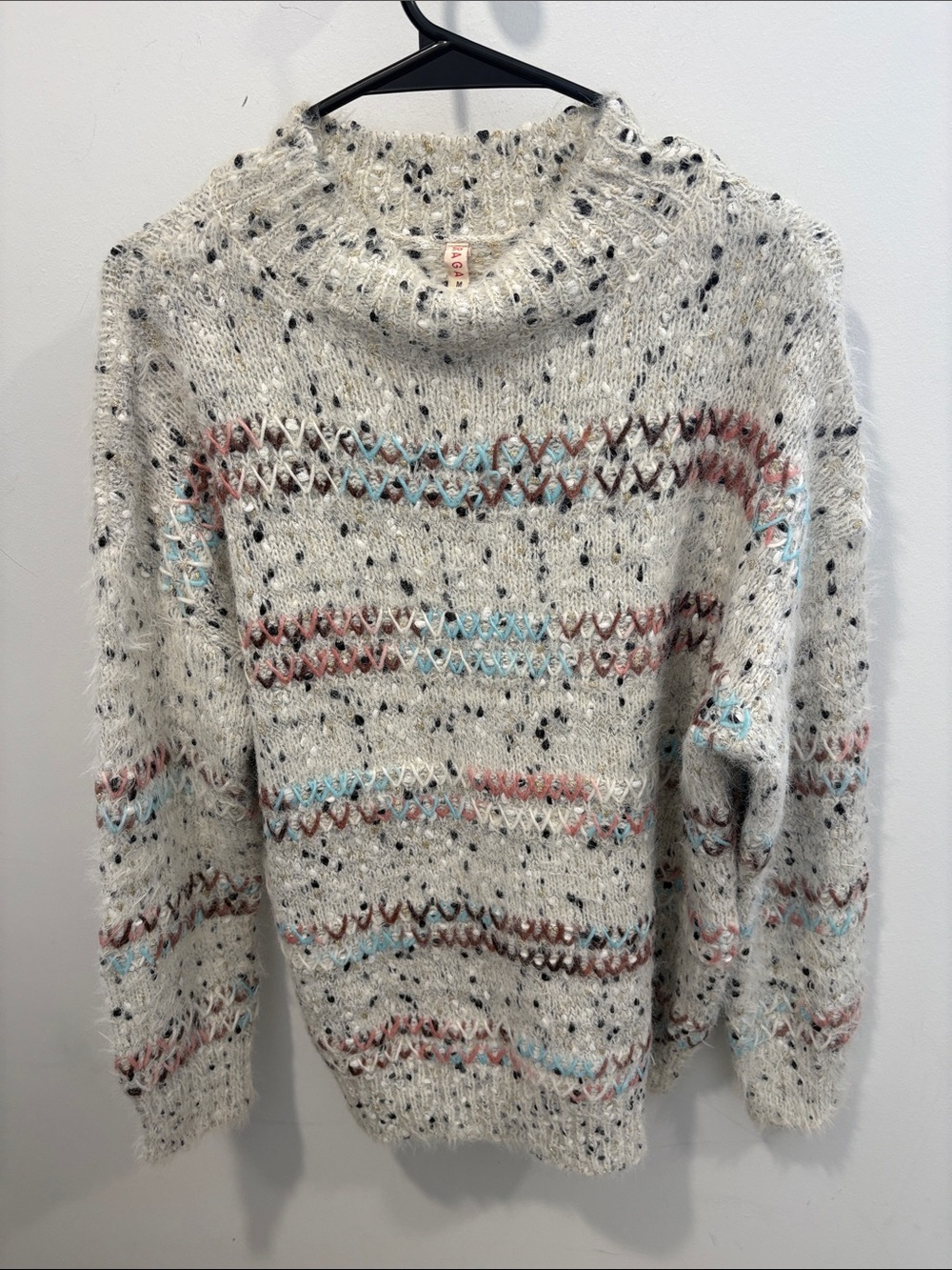 Raga Faye Mock Neck Sweater in a fuzzy gray speckled eyelash knit